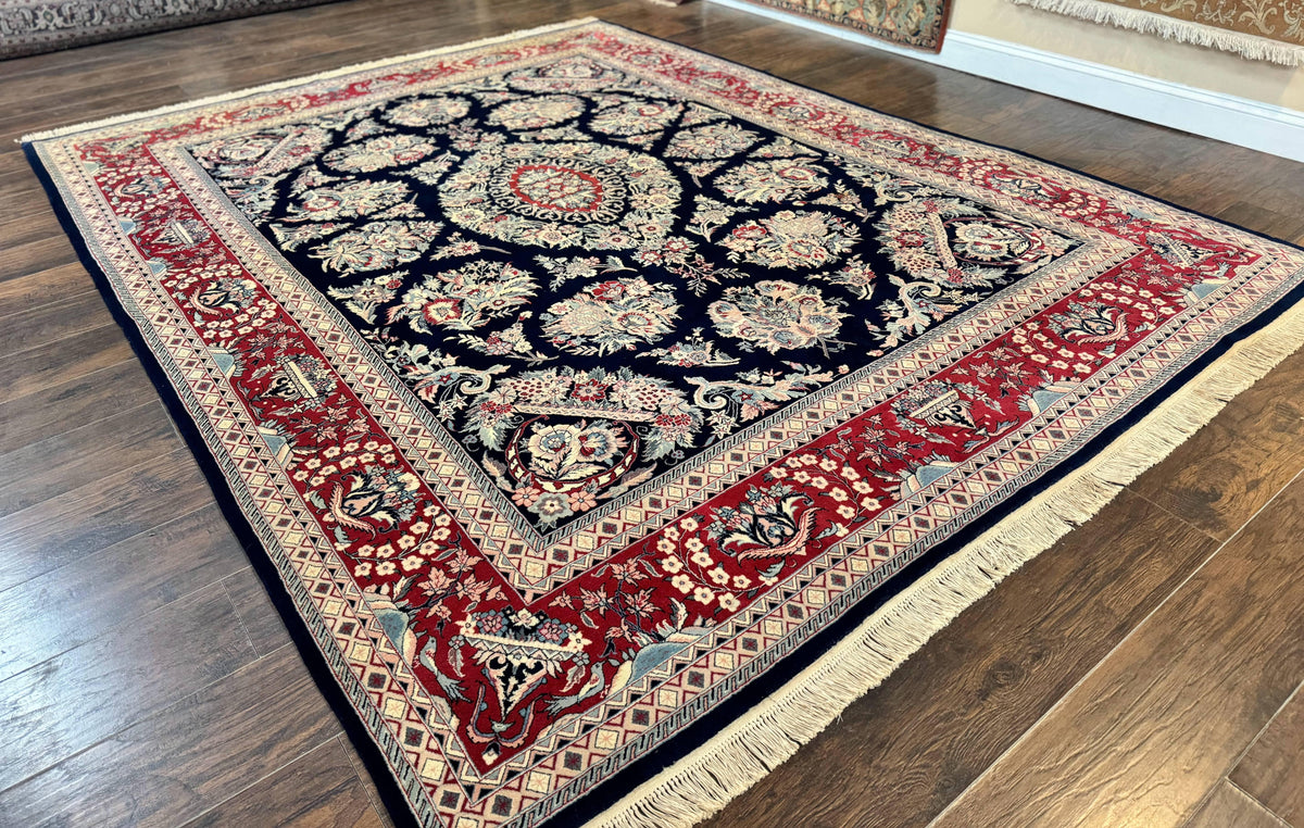 Sino Persian Rug 8x10, Floral Kirman Carpet, Navy Blue and Red, Floral Vases, Handmade Vintage Wool Carpet, 320 KPSI - Jewel Rugs, view 13