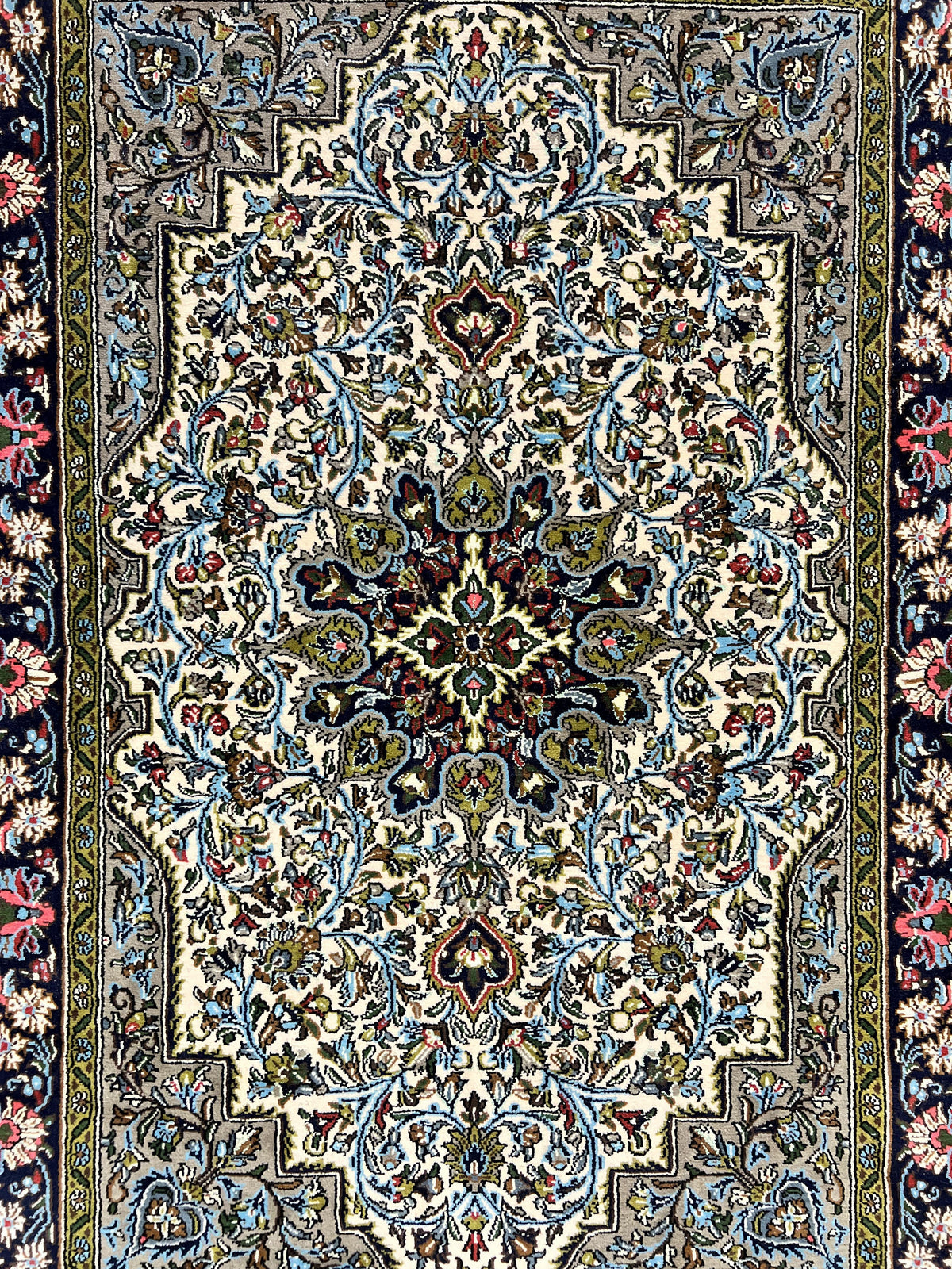Persian Qum Rug 3x5, Wool with Silk Highlights, Handmade Semi Antique Carpet, Ivory & Navy Blue, Floral Medallion, Finely Hand Knotted - Jewel Rugs, view 4