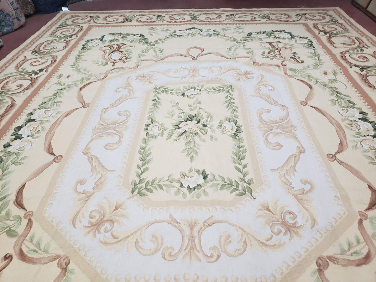 Elegant Aubusson Rug 10 x 14, Cream and Ivory Simple Aubusson Floral Carpet, Hand-Woven, European, New Aubusson Rug, Wool Area Rug, Violins - Jewel Rugs, view 6