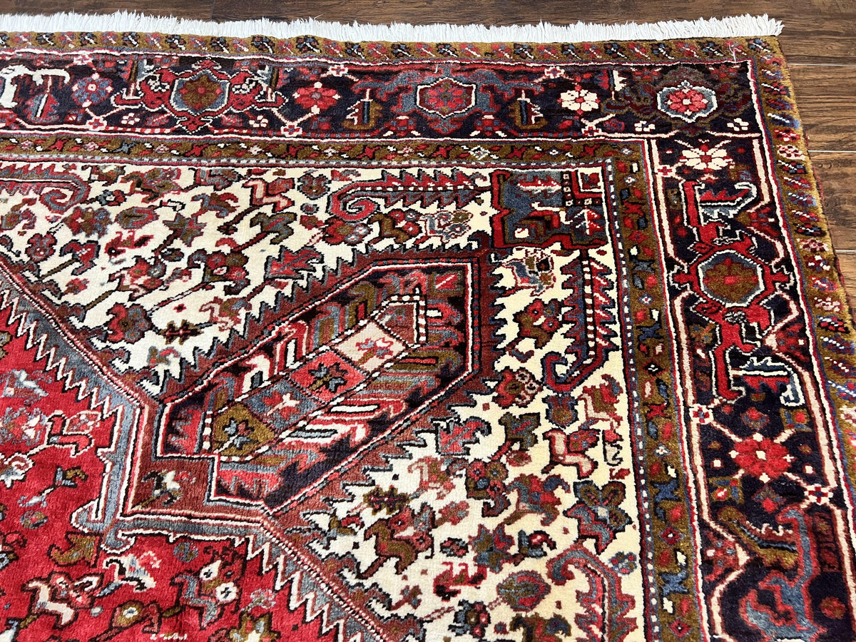 Large Persian Heriz Rug 10x13, Wool Hand Knotted Antique Carpet, Red and Ivory, Geometric Tribal Room Sized Rug, Decorative Oriental Rug - Jewel Rugs, view 8