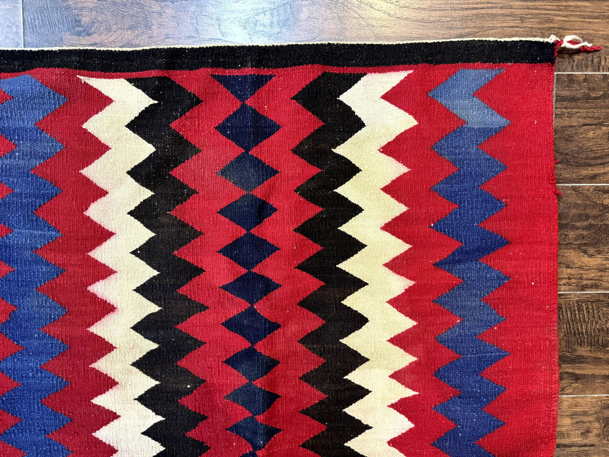 Antique Navajo Rug 3.7 x 2.8, Red Ivory Blue, Zig Zag Pattern, Handmade, Wool - Jewel Rugs, view 7