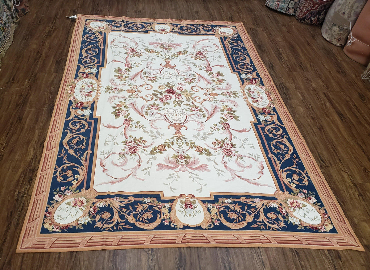 Chinese Aubusson Savonnerie Area Rug 6x8, Vintage Hand-Woven Needlepoint Rug, Flat Weave Handmade Wool Carpet Living Room Ivory & Navy Blue - Jewel Rugs, view 13