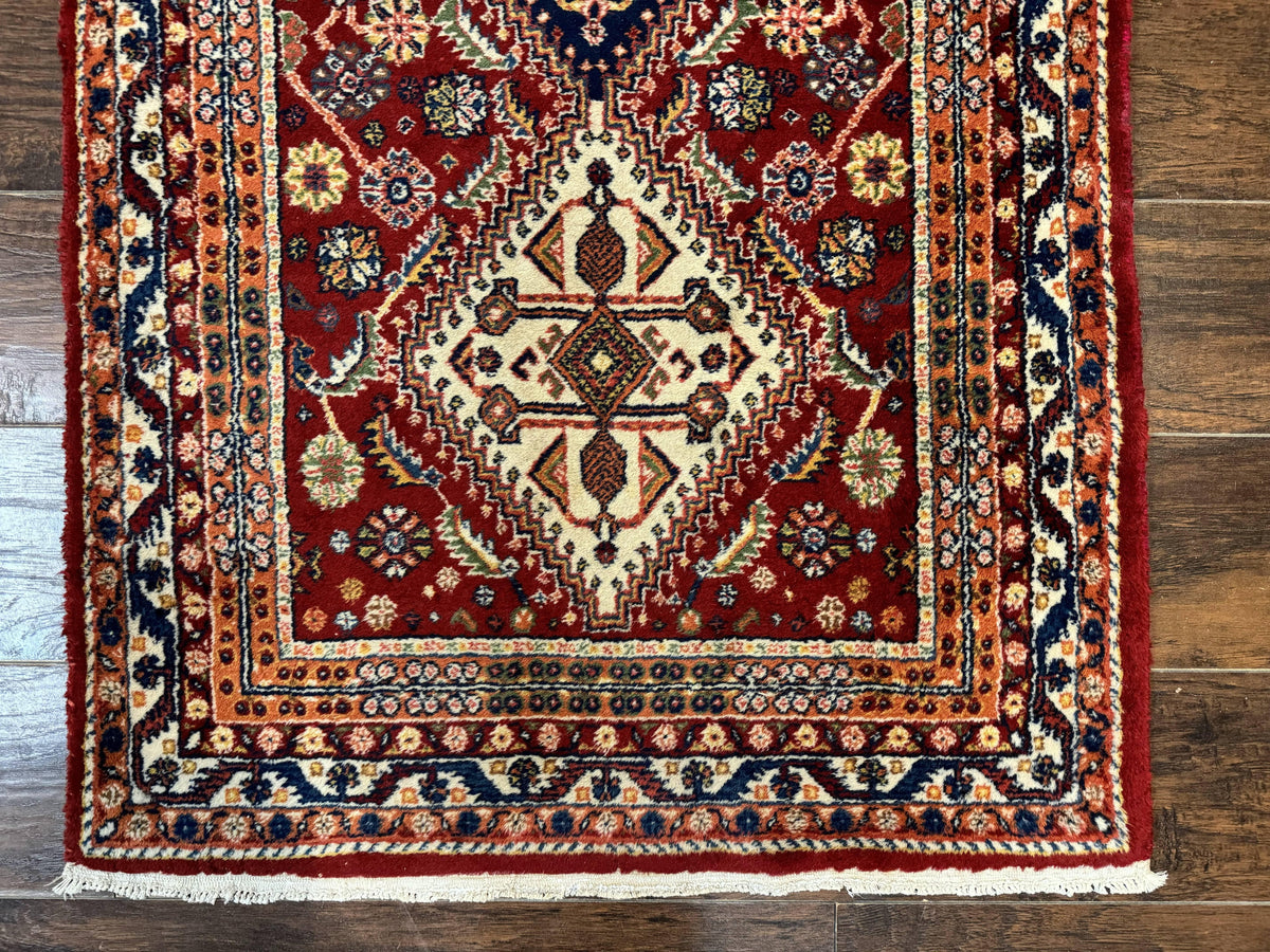 Antique Persian Qashqai Runner Rug 3 x 13 ft, Tribal Runner, Geometric Medallions, Red Ivory Blue, Wool - Jewel Rugs, view 5
