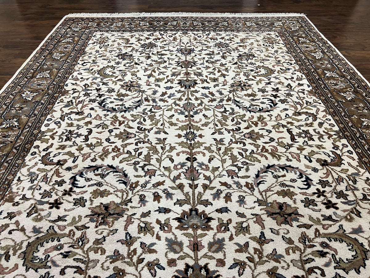Indo Kirman Rug 8x12 Allover Floral Design, Ivory/Cream Brown, Vintage Handmade Hand Knotted Rug, Traditional Wool Persian Carpet 8 x 12 - Jewel Rugs, view 12