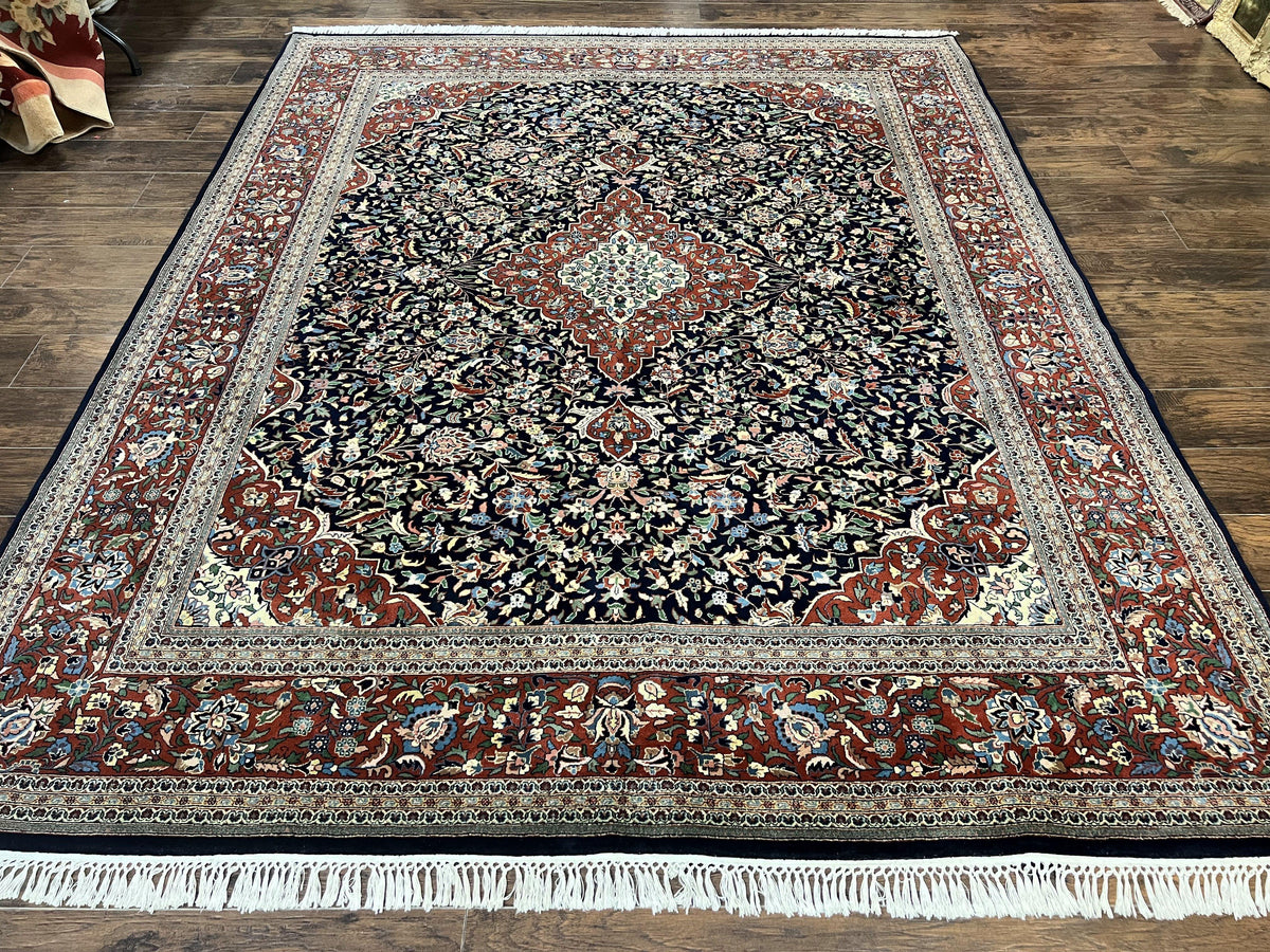 Indo Persian Rug 8x10, Floral Medallion, Vintage Handmade Wool Carpet, Navy Blue and Red, Fine 300 KPSI - Jewel Rugs, view 13