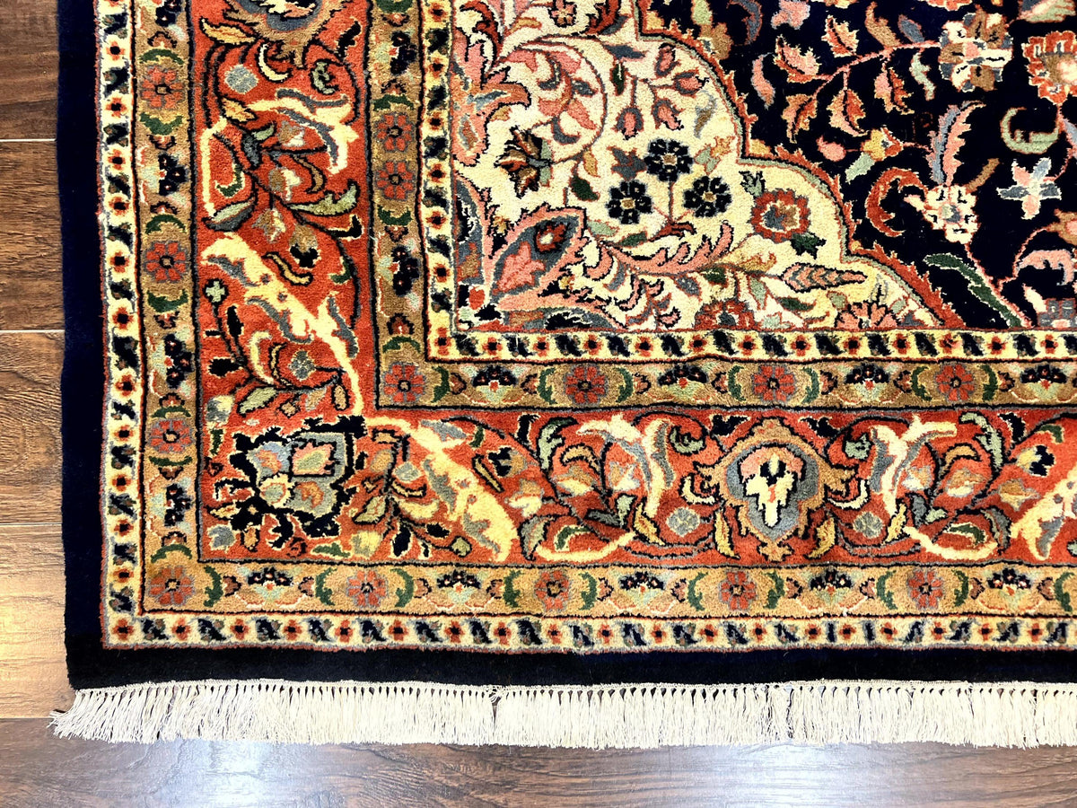 Indo Persian Rug 8x10, Midnight Blue & Red, Handmade Vintage Wool Carpet, Floral Medallion - Jewel Rugs, view 9