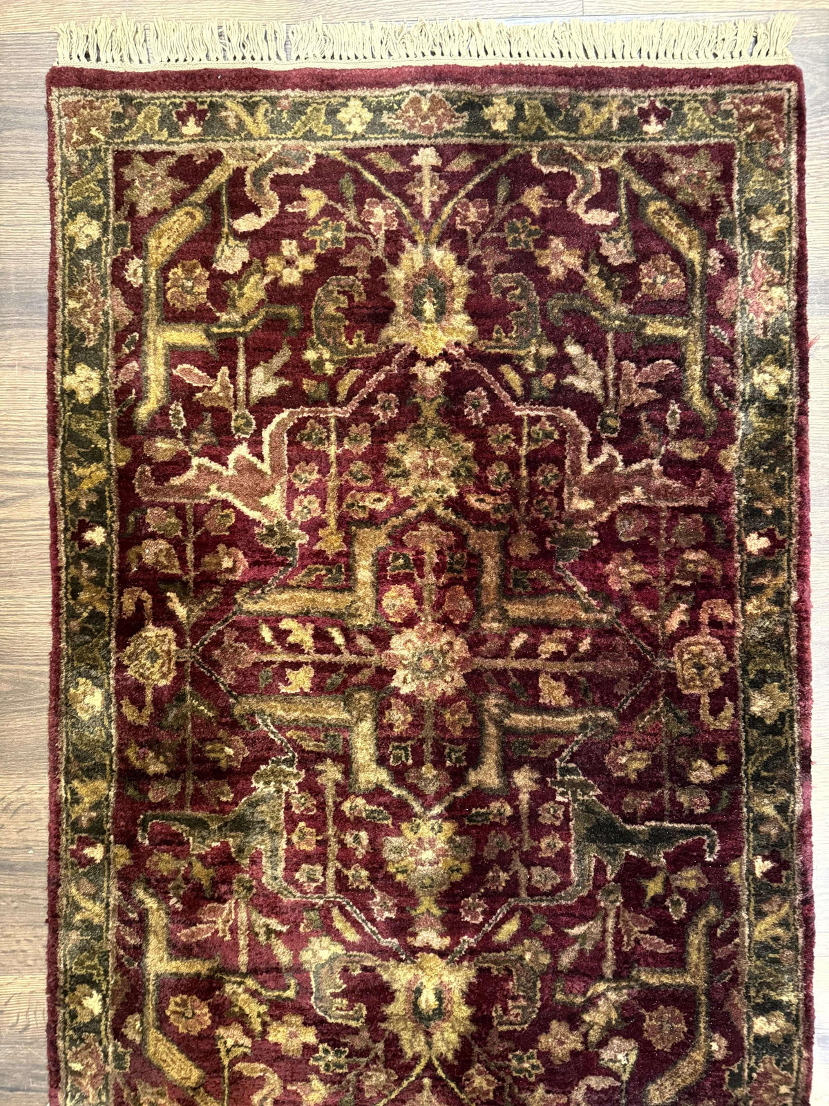 Indo Persian Runner Rug 2.7 x 13.8, Maroon, Wool, Handmade Indian Rug for Hallway - Jewel Rugs, view 6