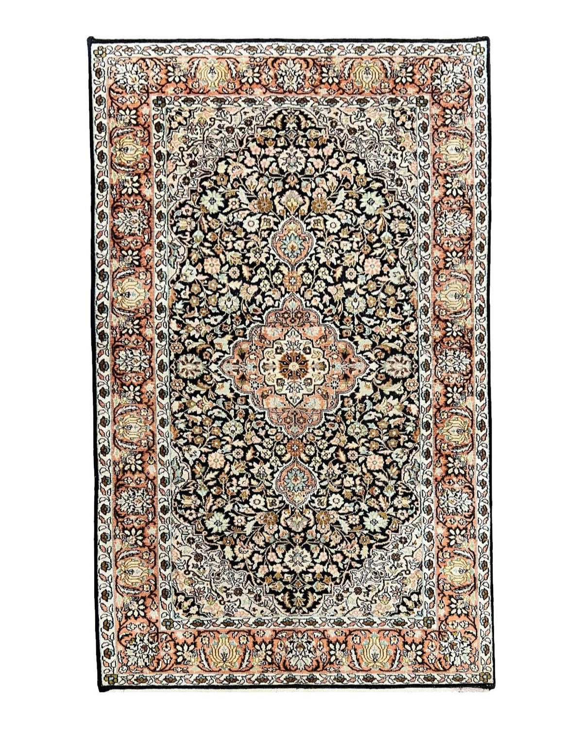 Silk Indian Kashmiri Rug 3x5, Indo Persian Silk on Silk Carpet, Very Fine 350 KPSI, Navy Blue, Handmade, Floral Medallion - Jewel Rugs