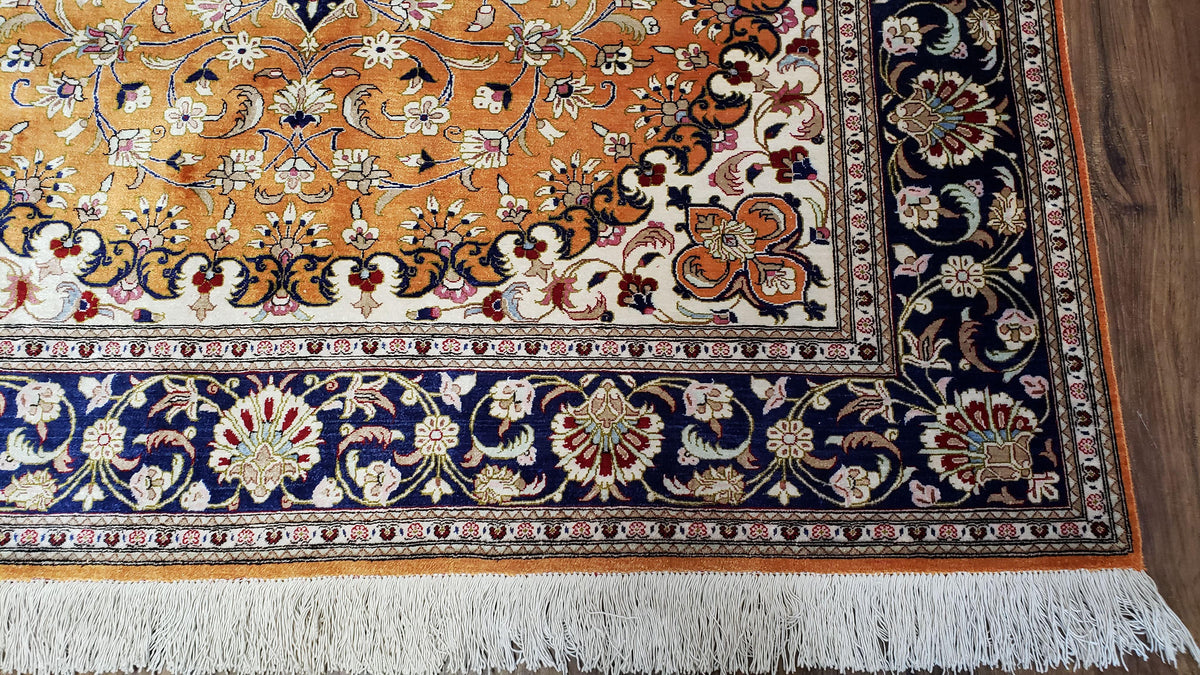Vintage Persian Qum Silk Rug 4.6 x 6.7, Burnt Orange and Navy Blue, Antique Oriental Very Fine Signature Master Weaver 350+ KPSI Ghom Qom 5x7 Rug - Jewel Rugs, view 13