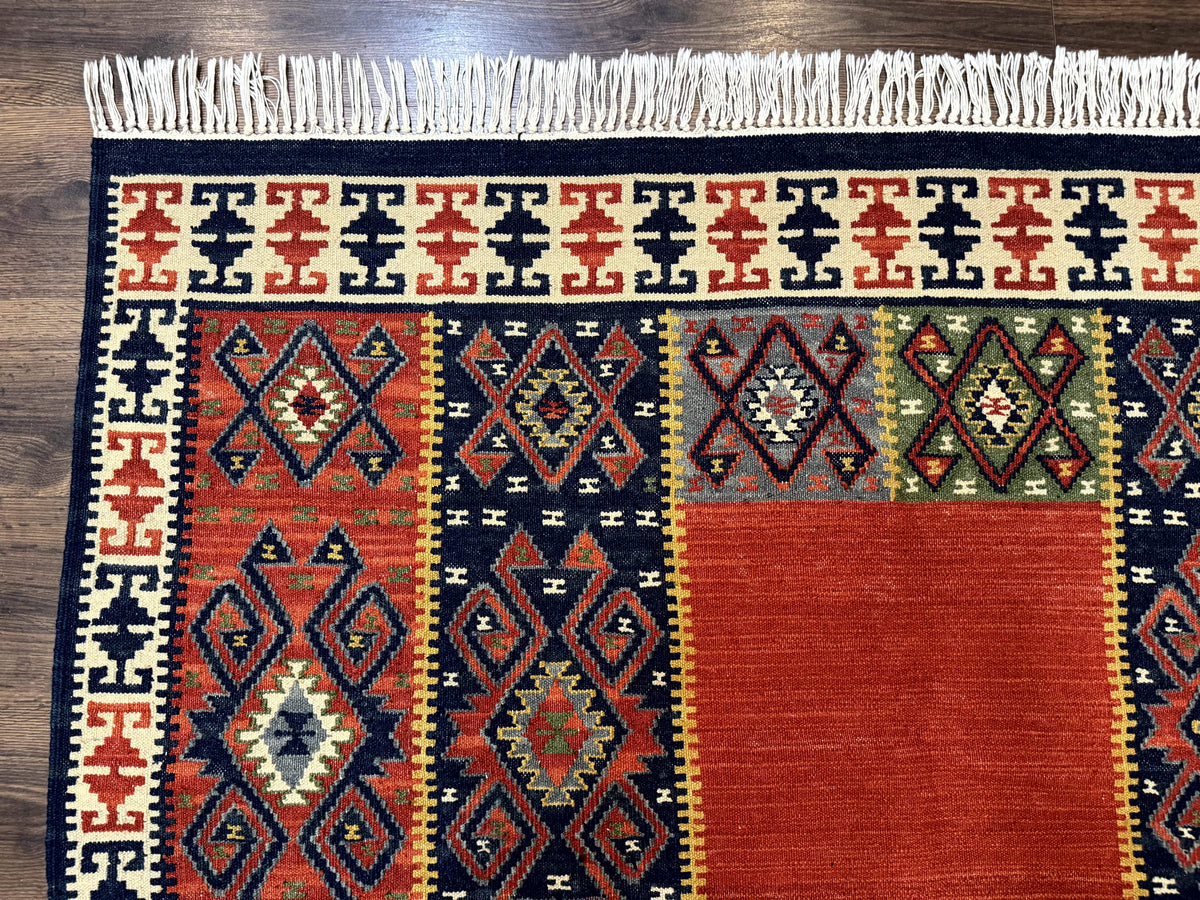 Turkish Kilim Rug 5x8, Flatweave Carpet, Handmade Bohemian Rug, Terracotta and Navy Blue - Jewel Rugs, view 7