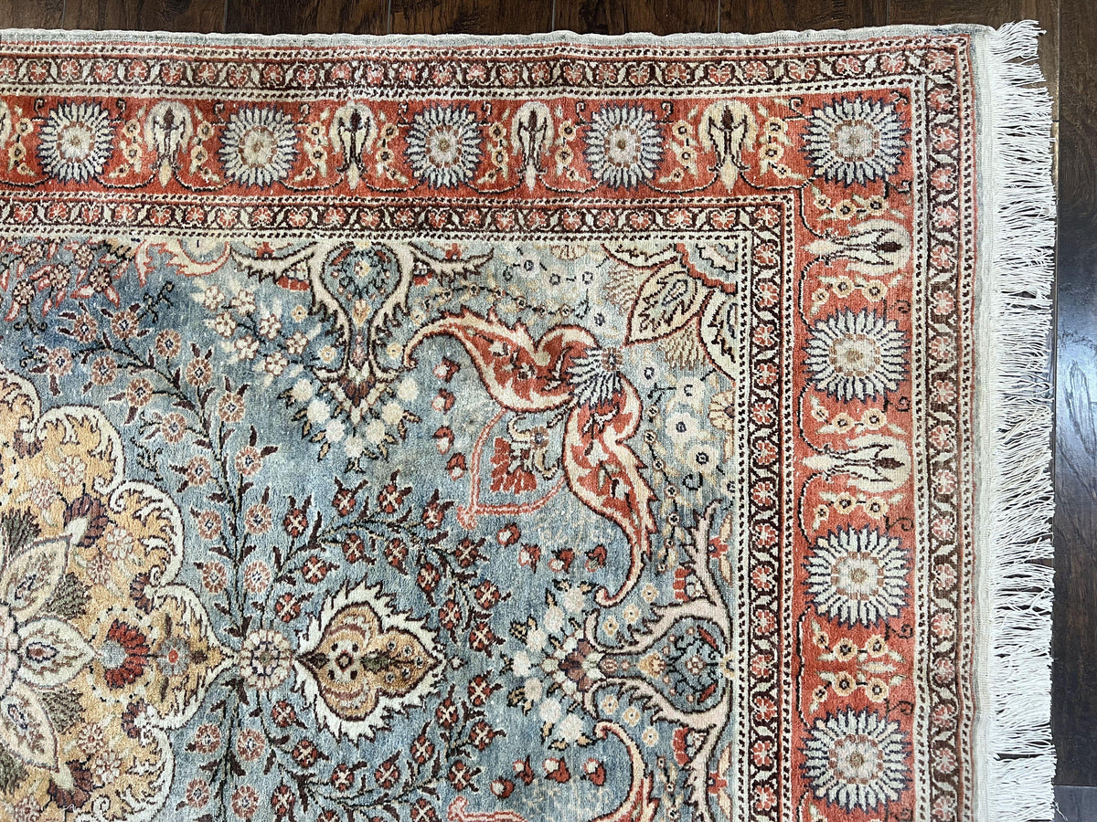 Silk Turkish Rug 5x7, Light Blue Silk Carpet, Floral Medallion, Turkish Kayseri Rug, Vintage Handmade Oriental Rug - Jewel Rugs, view 6