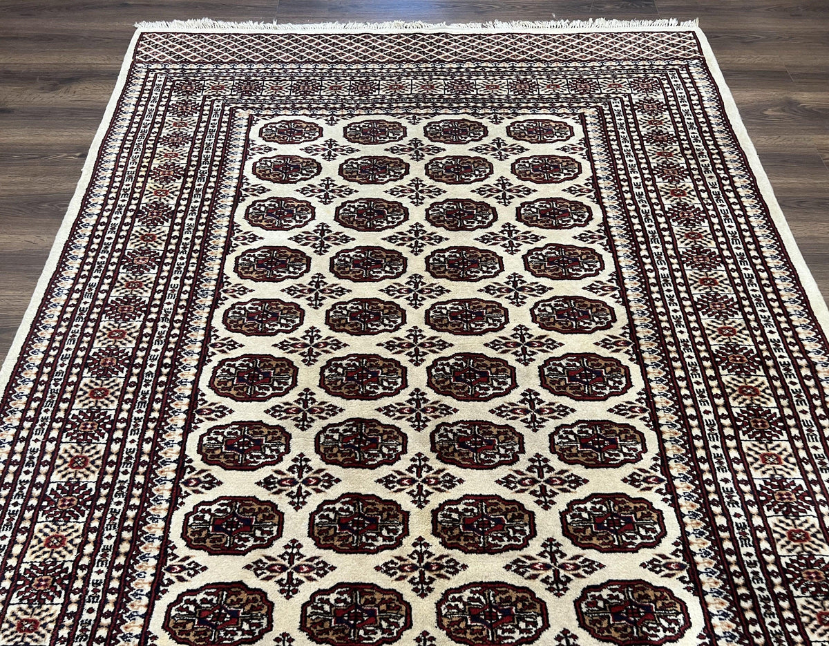 Pakistani Turkoman Rug 6x9, Cream and Red Hand Knotted Wool Oriental Carpet, Yamud Rug, Tribal Rug 6 x 9, Bohemian Area Rug, Bokhara Rug - Jewel Rugs, view 12