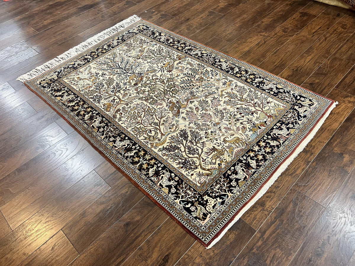 Persian Qum Tree of Life Rug 5x7, Wool and Silk Highlights, Animal Motifs, Vintage Hand Knotted Handmade Cream & Black Fine Oriental Carpet - Jewel Rugs, view 13