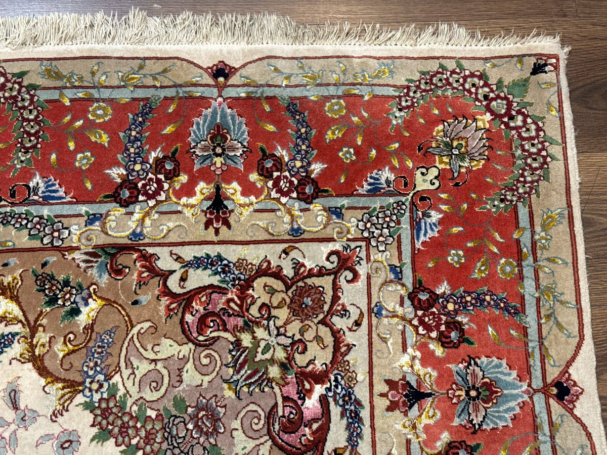 Wonderful Persian Tabriz Rug 5x7, Very Fine 440 KPSI, Ivory and Coral, Rare - Jewel Rugs, view 8