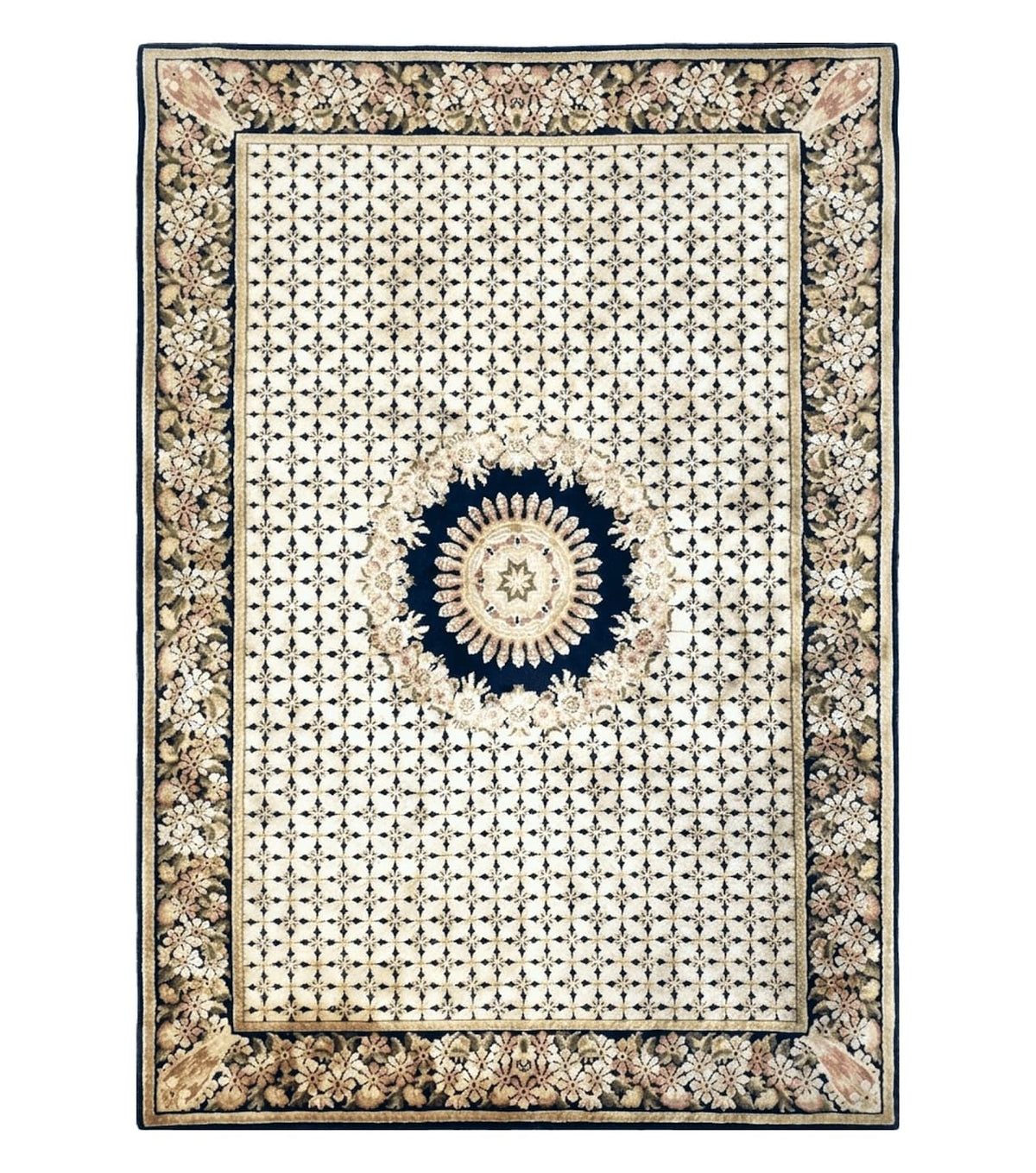 Indian Rug with Tibetan Weave, 6x8 - 6x9 Rugs, Indo-Tibetan Rug, Black and Cream Beige Tan, Floral Border, Soft Rug, Handmade Area Rug, Wool - Jewel Rugs
