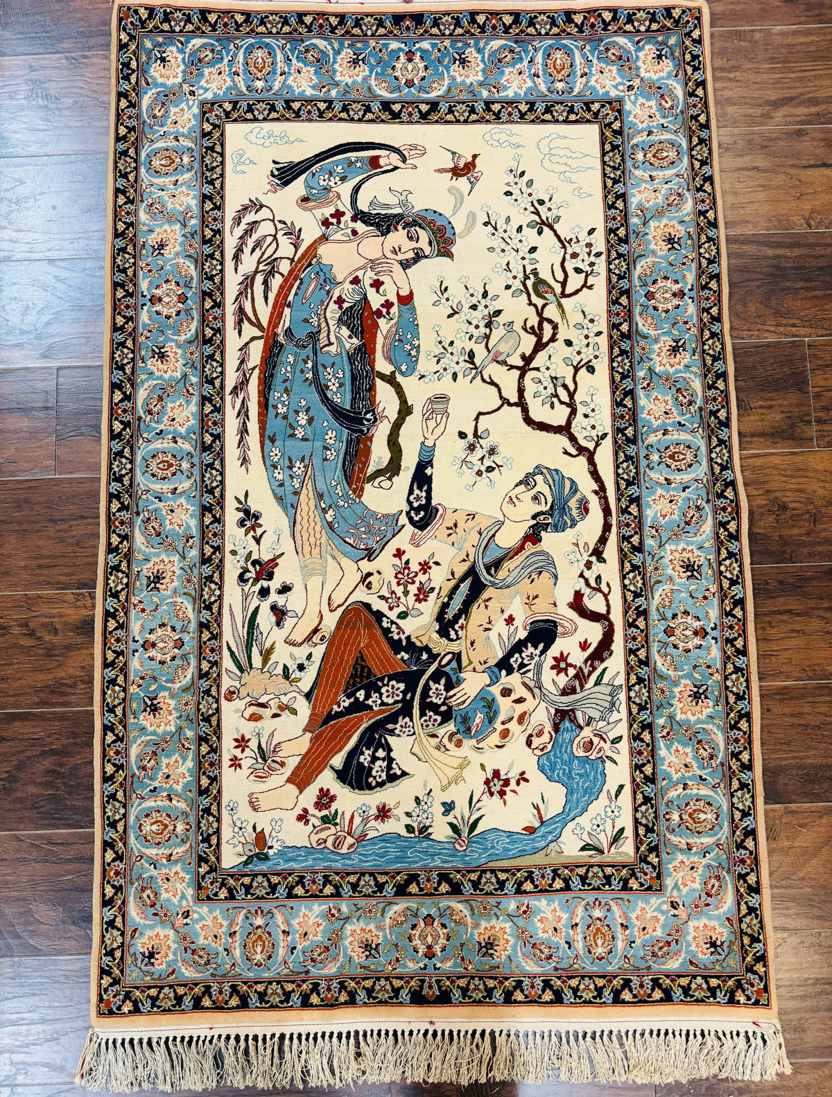 Persian Isfahan Pictorial Rug, Two Lovers, Kork Wool on Silk Foundation, Ivory and Light Blue, 500 KPSI Super Fine - Jewel Rugs, view 13