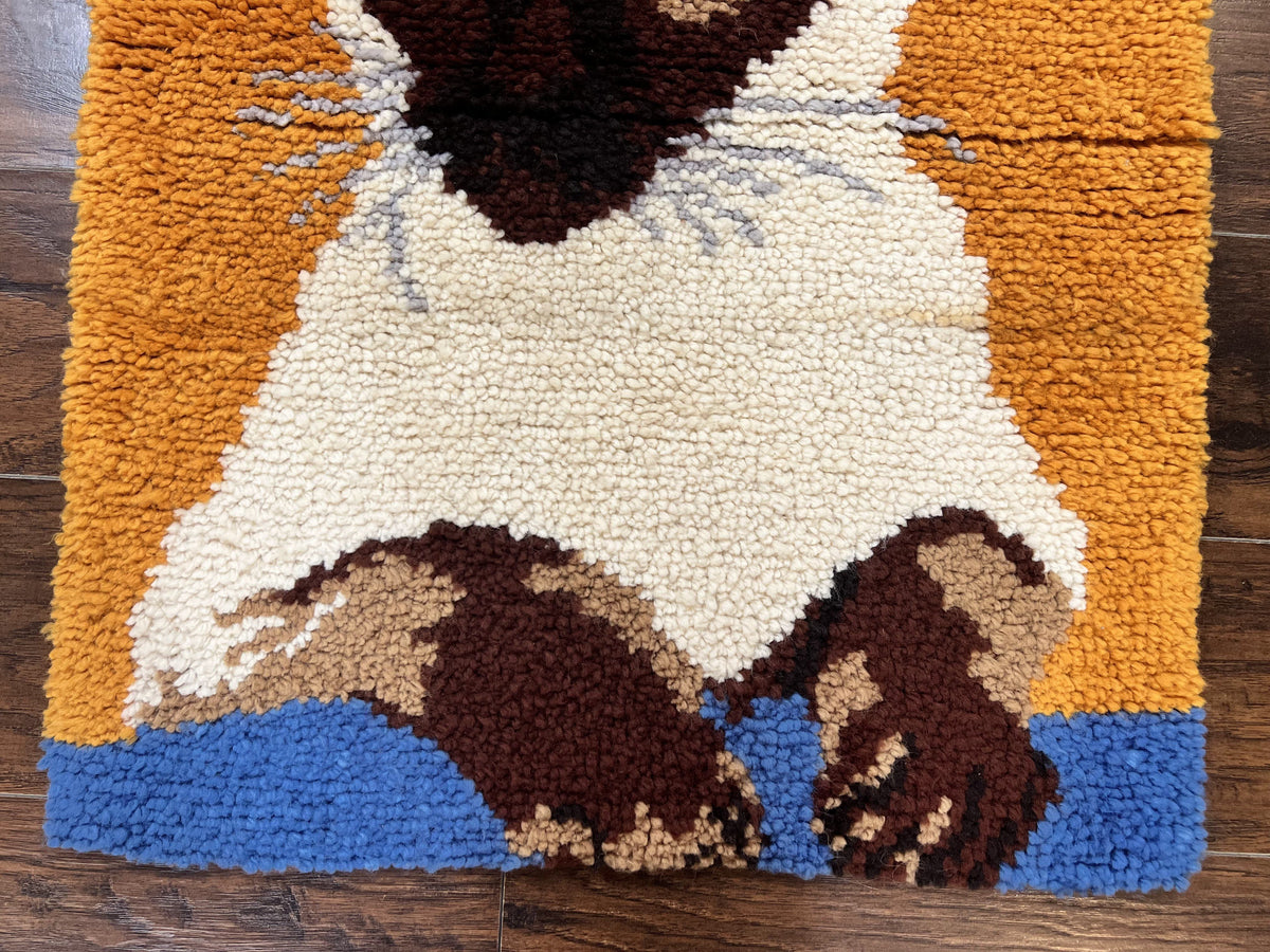 Small Shag Rug with Siamese Cat Pictorial, 2x3 ft Rug, Wool, Vintage, Danish Rya Shag Rug, Orange - Jewel Rugs, view 6