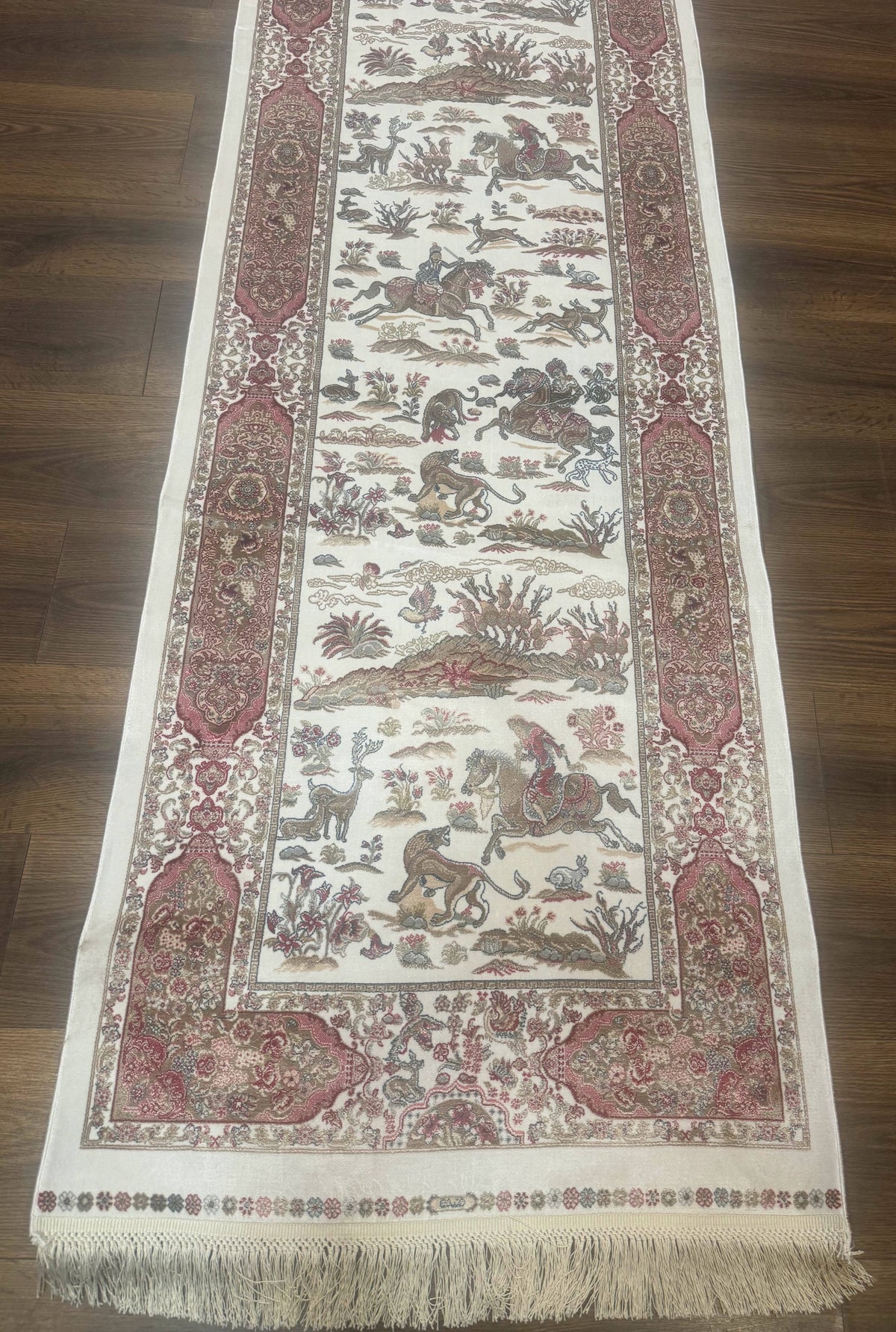 Long Turkish Silk Runner Rug 2.6 x 16.5, Hunting Design, Ivory, Bamboo Silk, New - Jewel Rugs, view 4