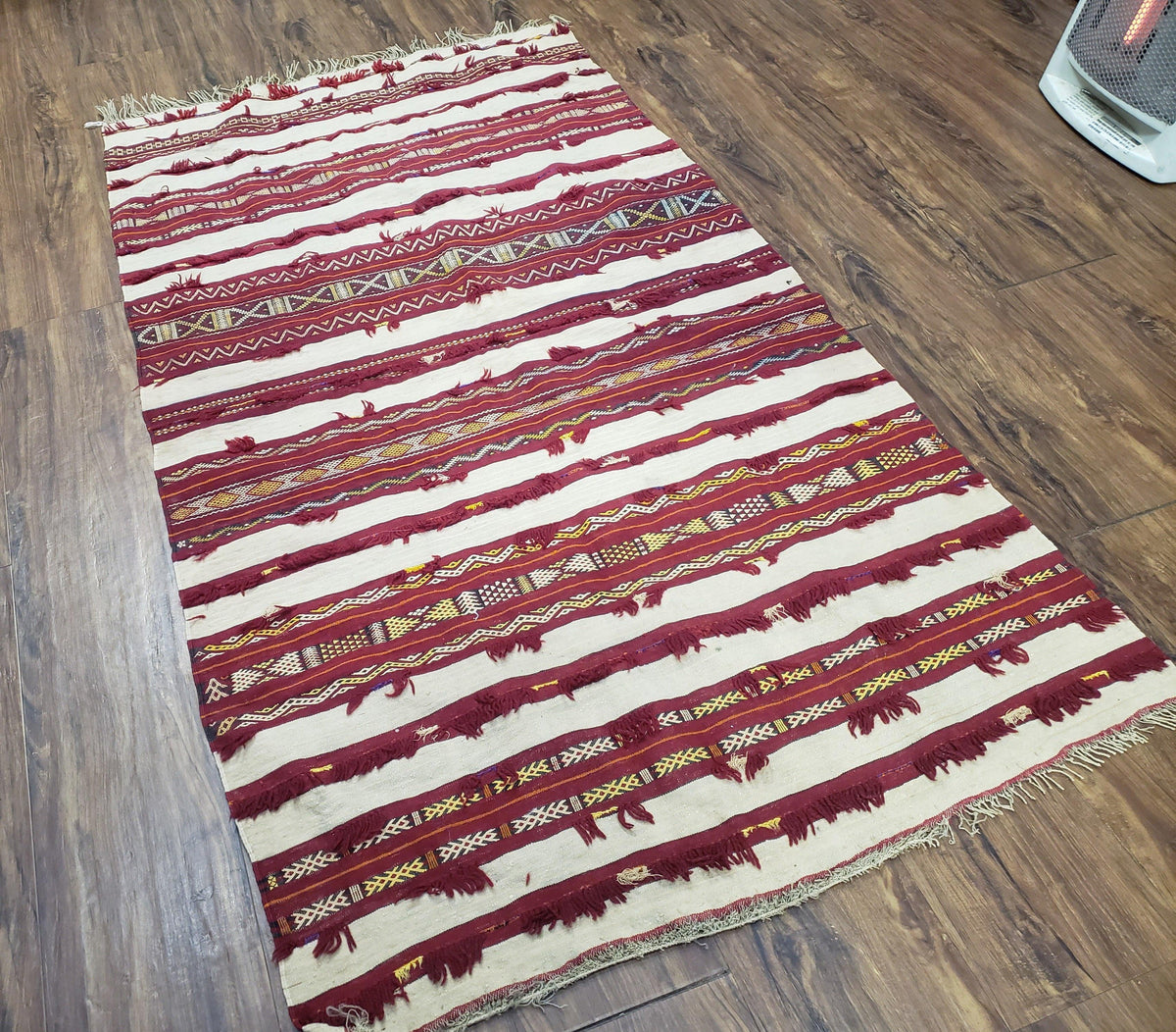 Antique Turkoman Yamud Rug 3x5 ft, 1920s Turkmen Sofreh Table Cover, Bohemian Rug, Tribal Collectible, Striped Rug, Handmade Ivory and Red - Jewel Rugs, view 3
