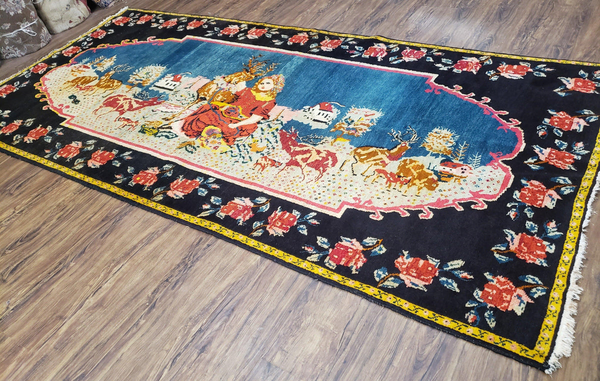 Antique Persian Pictorial Rug 4'6" x 9', Wool Hand-Knotted Blue Roses Karabagh Caucasian Carpet, 1920s Girl Deer Tapestry Wall Hanging Rug - Jewel Rugs, view 3