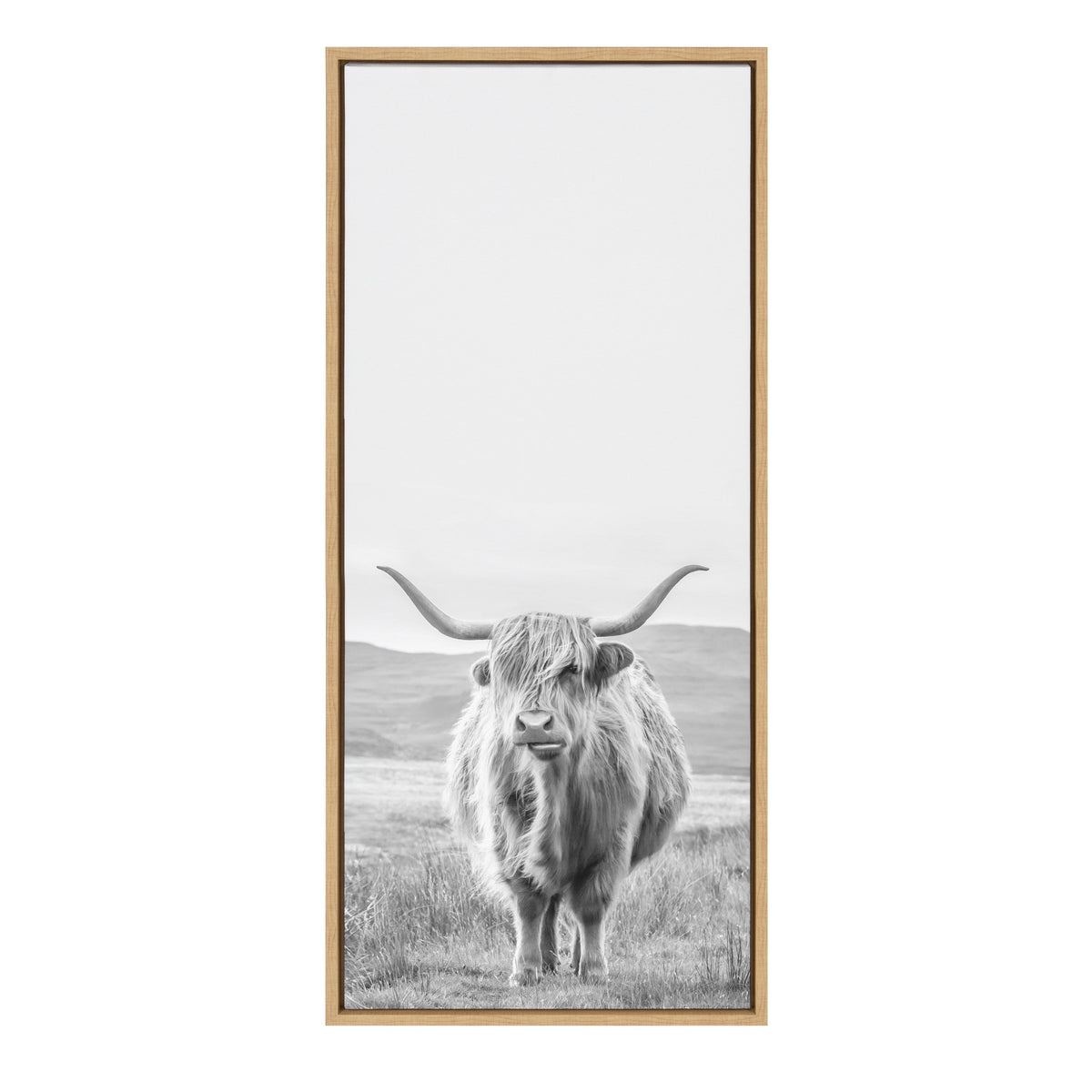 Sylvie Highland Cow Mountain Landscape Black and White Framed Canvas by The Creative Bunch Studio