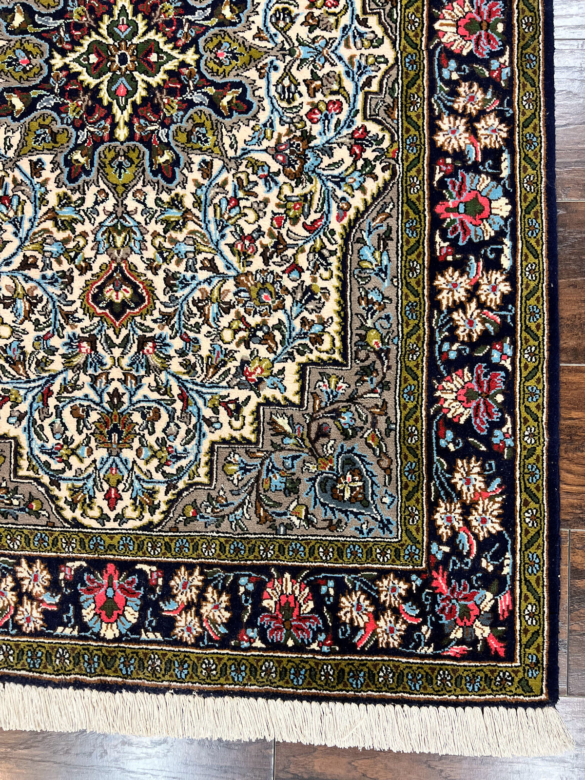Persian Qum Rug 3x5, Wool with Silk Highlights, Handmade Semi Antique Carpet, Ivory & Navy Blue, Floral Medallion, Finely Hand Knotted - Jewel Rugs, view 9