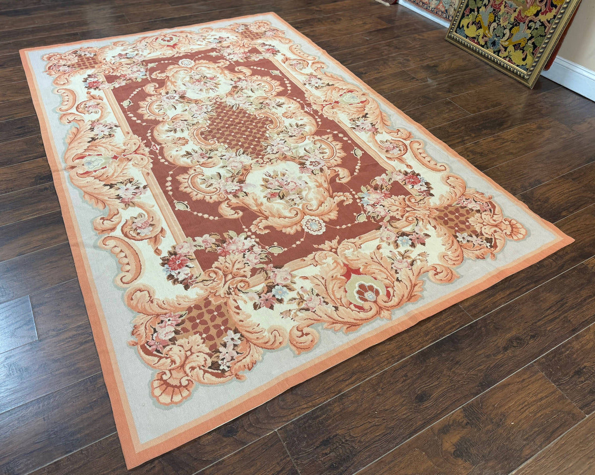 Vintage Needlepoint Rug 6x9, Aubusson Rug, Flatweave Wool Elegant Carpet, Medium Size, French European Design - Jewel Rugs, view 11