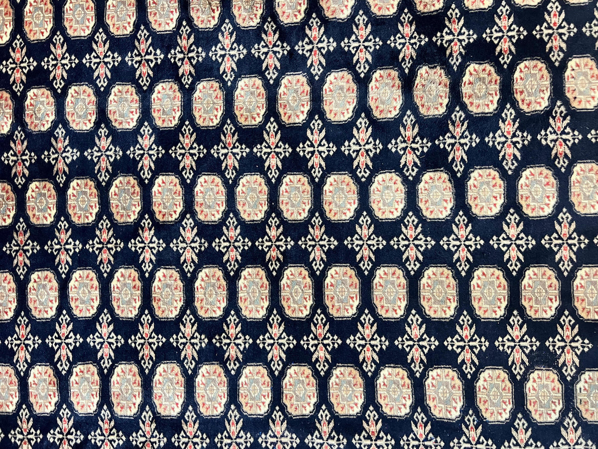 Pakistani Bokhara Rug 8x10, Turkoman Carpet, Dark Blue and Beige, Vintage Handmade Wool Carpet - Jewel Rugs, view 5