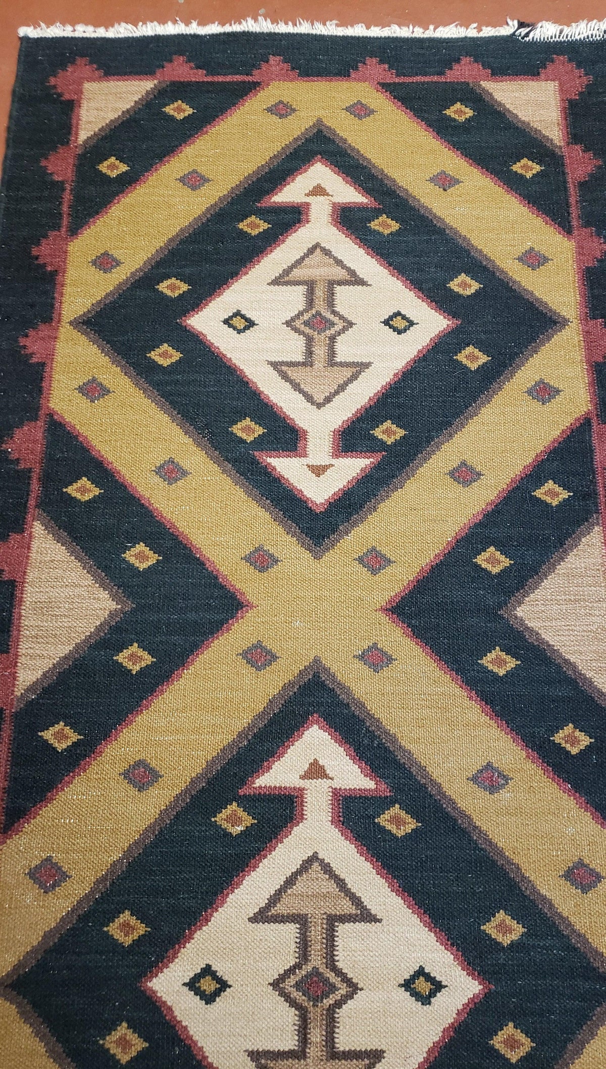 Vintage Indian Kilim Runner Rug, Geometric Flatweave Hand-Knotted Wool Kitchen Hallway Runner, Black Gold & Beige, 2' 8" x 9' 9" - Jewel Rugs, view 11