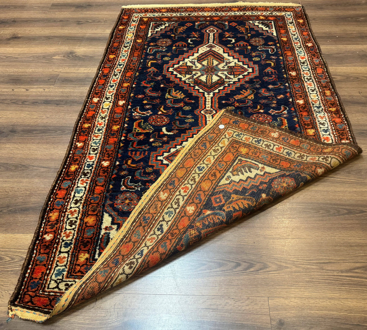 Antique Persian Hamadan Rug 4x6, Geometric, Double Medallions, Navy Blue, Tribal Carpet - Jewel Rugs, view 12