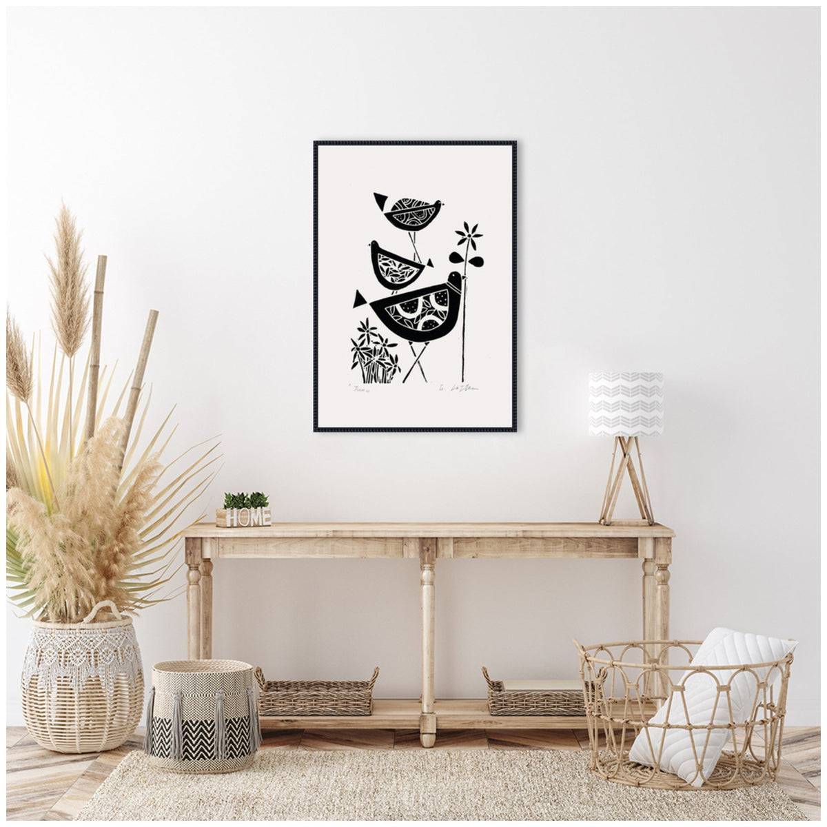 Sylvie Folk Bird Family Trio Linocut Framed Canvas by Giuliana Lazzerini