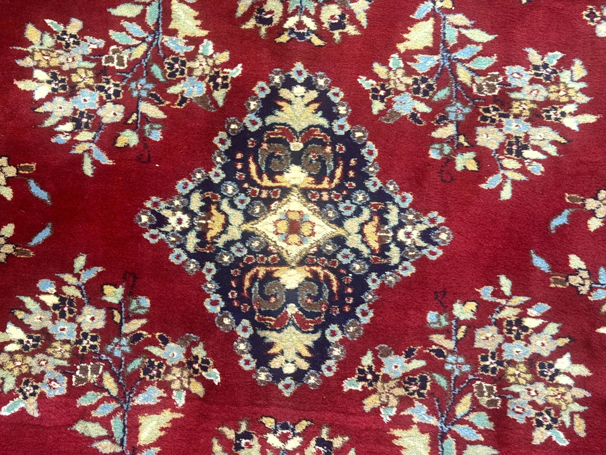 Indo Persian Sarouk Rug 10x14, Large Red and Navy Blue Carpet, Traditional Floral Wool Rug - Jewel Rugs, view 5