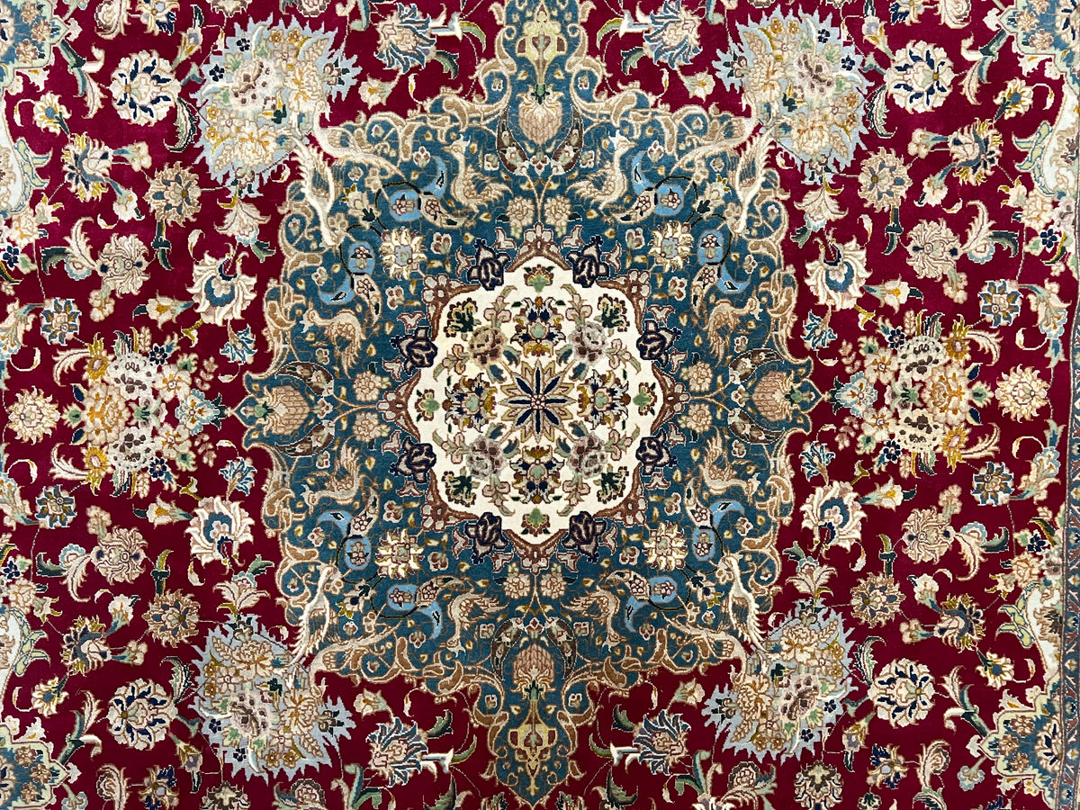 Stunning Persian Tabriz Rug 5x7, Signed by Masterweaver, Maroon, Floral Medallion, Ultra Fine 70 Raj 625 KPSI, Kork Wool Silk Foundation, Handmade - Jewel Rugs, view 5