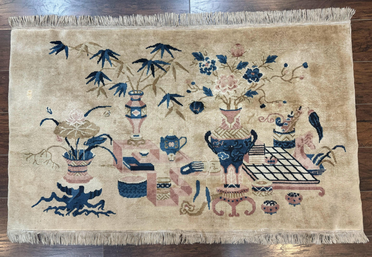 Chinese Rug 5x3, Horizontal Rug, Vases Flowers, Handmade Antique Vintage Carpet, Peking Rug, Chinese Wool Rug - Jewel Rugs, view 8
