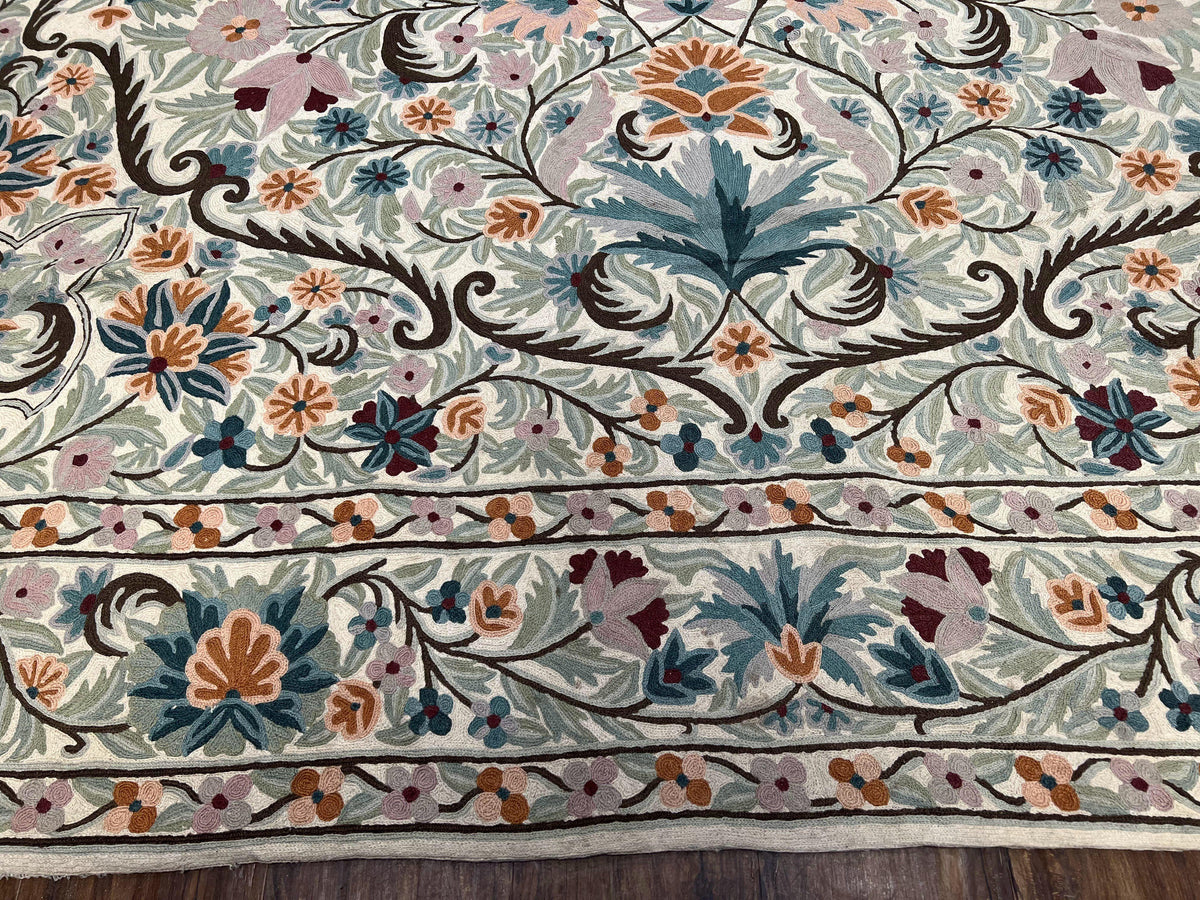 Chain Stitched Rug 9x12 Vintage Carpet 9 x 12 Flatweave Rug, Ivory Teal Rug, Area Rug 9 by 12, Hand Stitched Rug, Medallion, Indian Rug - Jewel Rugs, view 6