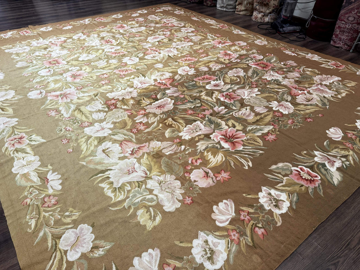 Large Needlepoint Rug 11x14, Vintage Floral Wool Carpet, Caramel - Jewel Rugs, view 12