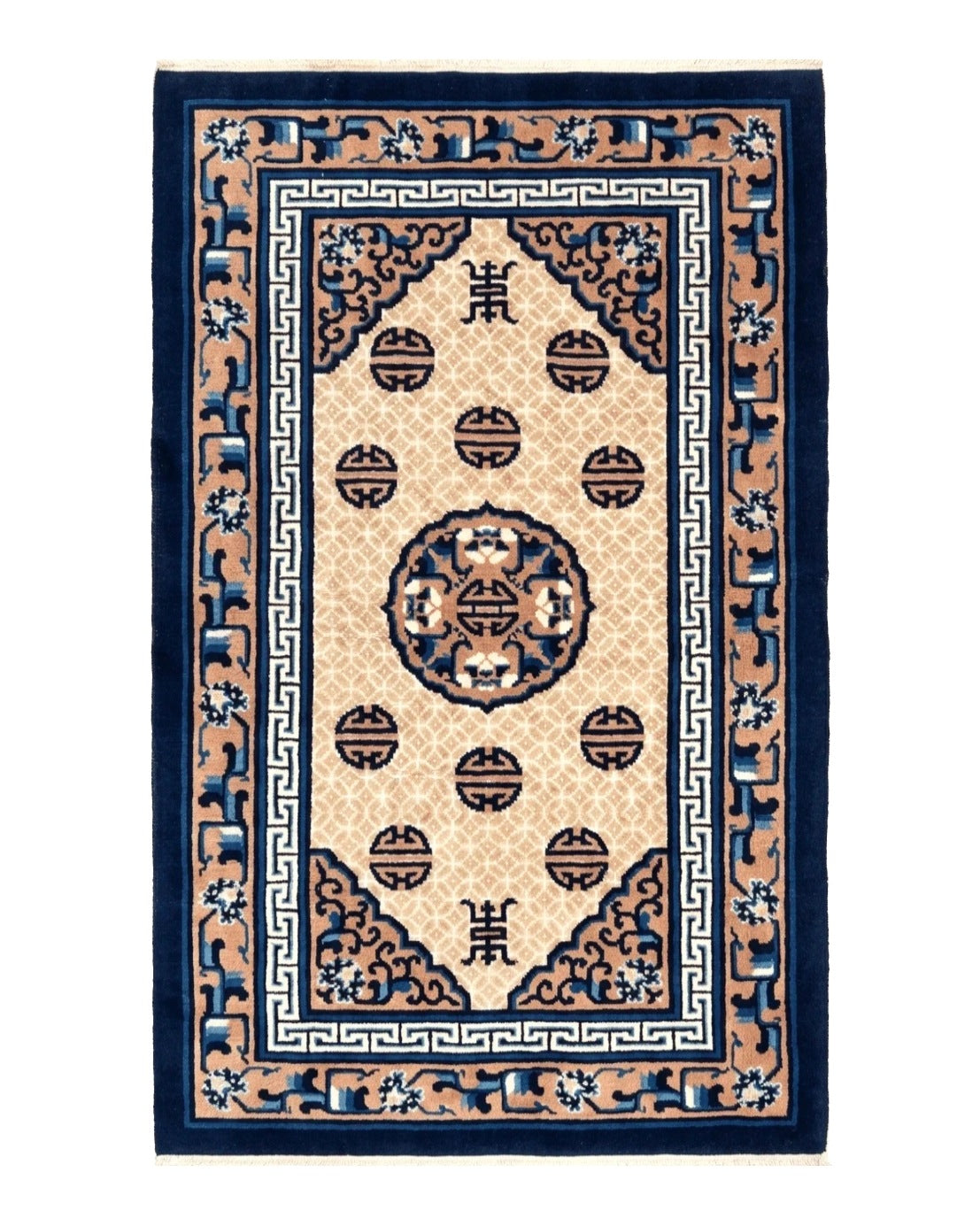 Chinese Peking Rug 3x5, Antique Chinese Art Deco Carpet, Blue Ivory Tan, Hand Knotted Wool Asian Oriental Rug 3 x 5 Vintage Small Peking Rug - Jewel Rugs