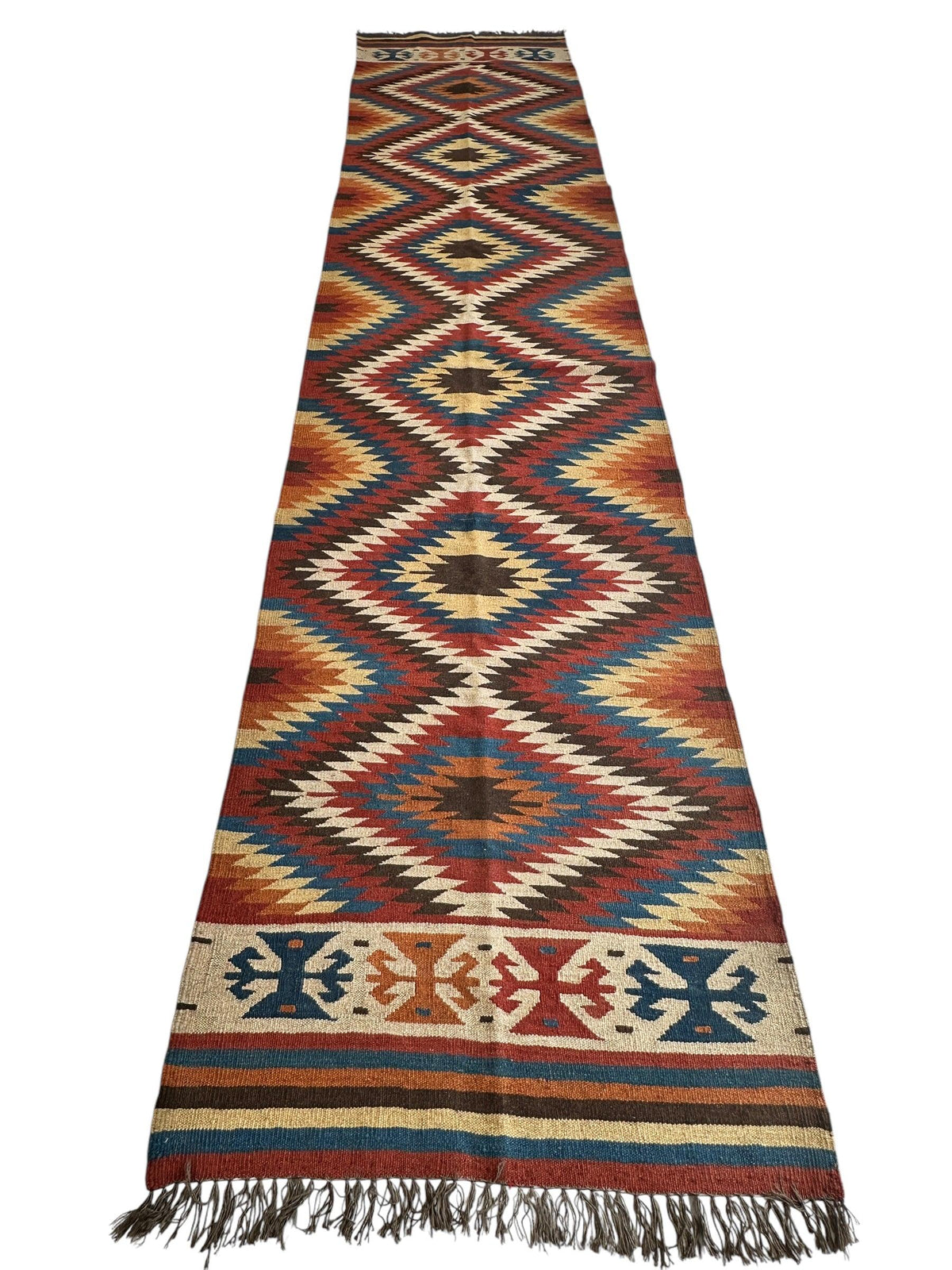 Vintage Afghan Kilim Runner 3x12 | Brown, Red & Ivory | Hand-Woven Wool Flatweave - Rugistan, view 3