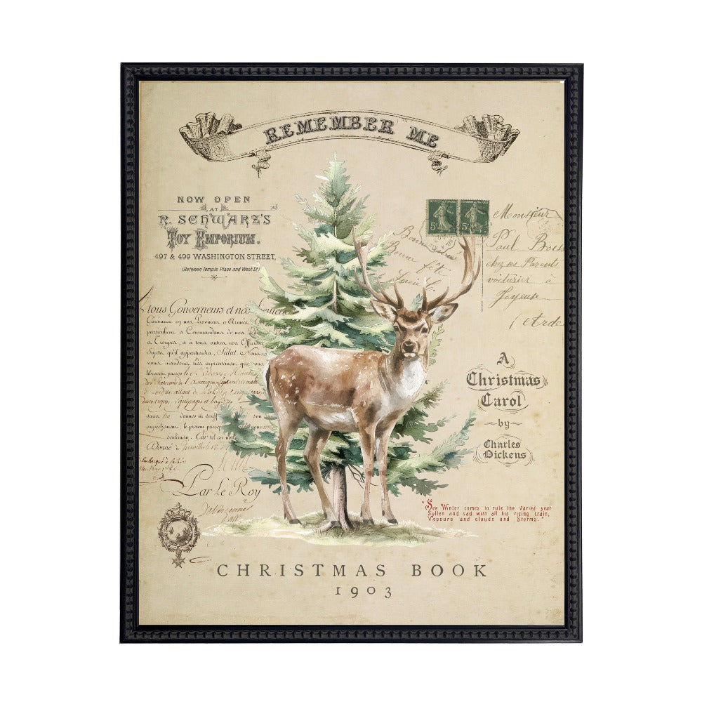 Vintage Painting of a Deer and Tree on a distressed bookplate background - Antique Curiosities