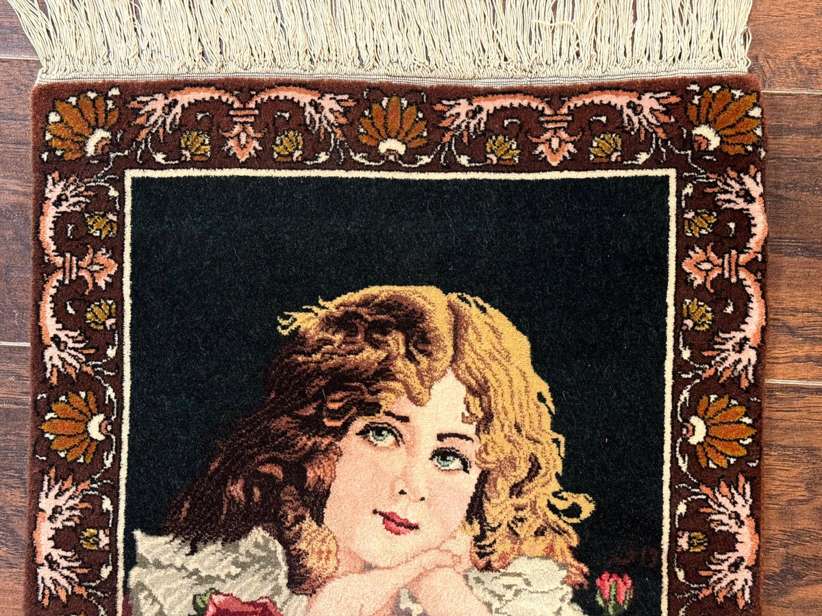 Small Persian Tabriz Pictorial Rug of Young Girl, Very Fine 380 KPSI, Portrait of Young Lady with Roses, Handmade, Persian Rug for Wall Hanging - Jewel Rugs, view 4