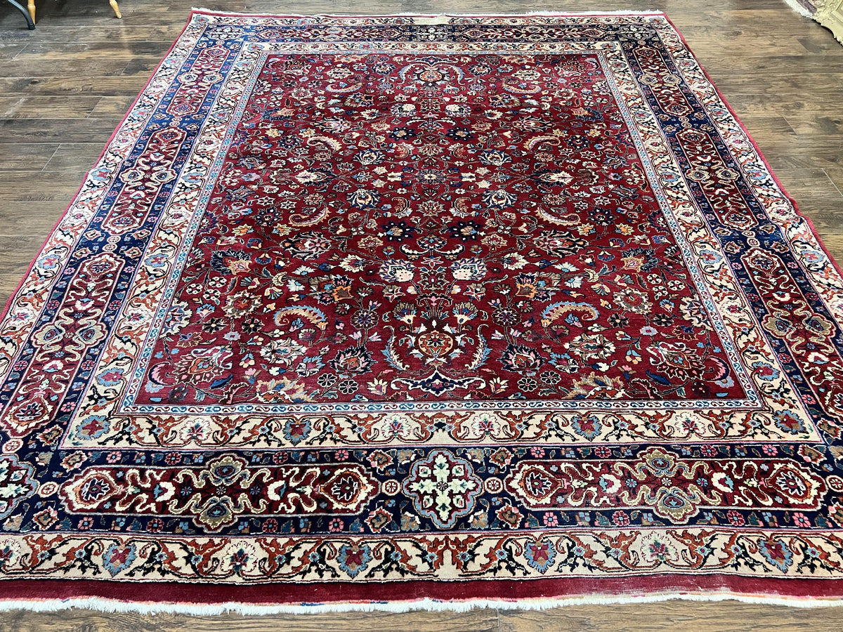 Signed Persian Mashad Rug 8x10, Wool Oriental Carpet, Semi Antique Rug, Hand Knotted, Traditional, Red, Floral Allover, - Jewel Rugs