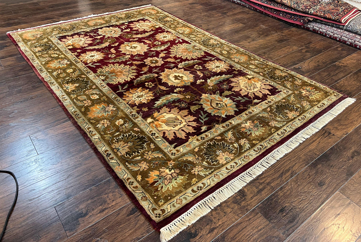 Indo Mahal Rug 6x9, Large Flowers Allover, Maroon and Green, Handmade Wool Area Rug, Vintage Rug, Indian Oriental Carpet, Hand Knotted Rug - Jewel Rugs, view 12