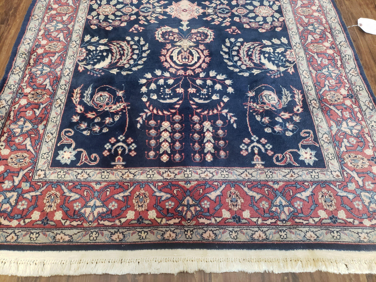 Dark Blue Indo Persian Rug 4x6, Medium Size Hand Knotted Oriental Carpet, Traditional Floral Indian Rug, Blue and Red Entryway Rug, Wool Rug - Jewel Rugs, view 6