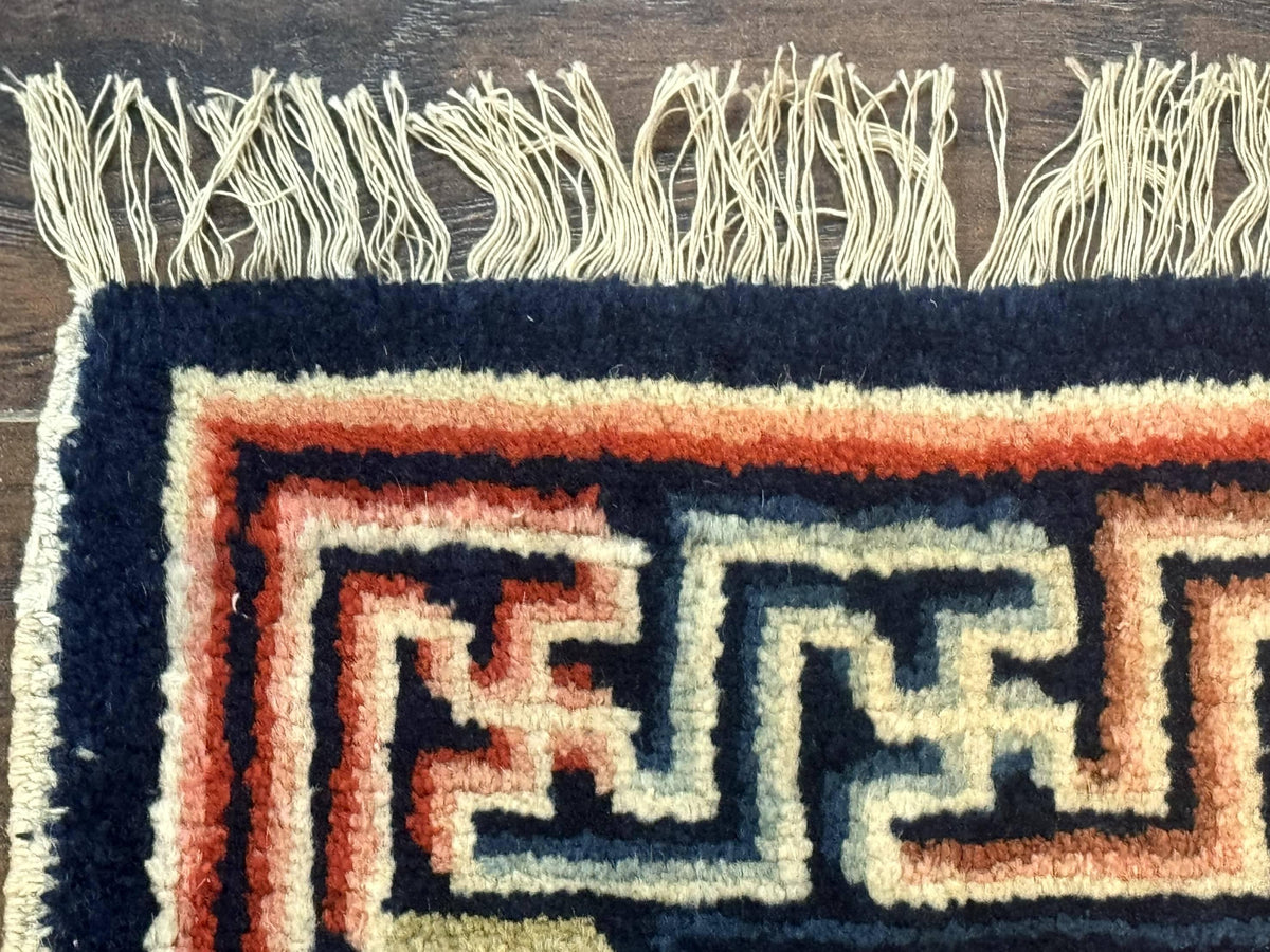Small Antique Chinese Rug 2x2, Red Blue Square Rug Mat, Handmade, Tibetan Rug - Jewel Rugs, view 7