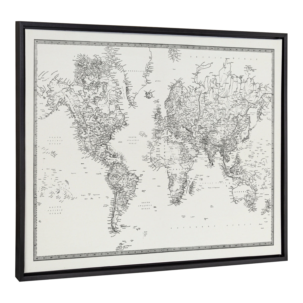 Sylvie Vintage Black and White World Map Framed Canvas by The Creative Bunch Studio