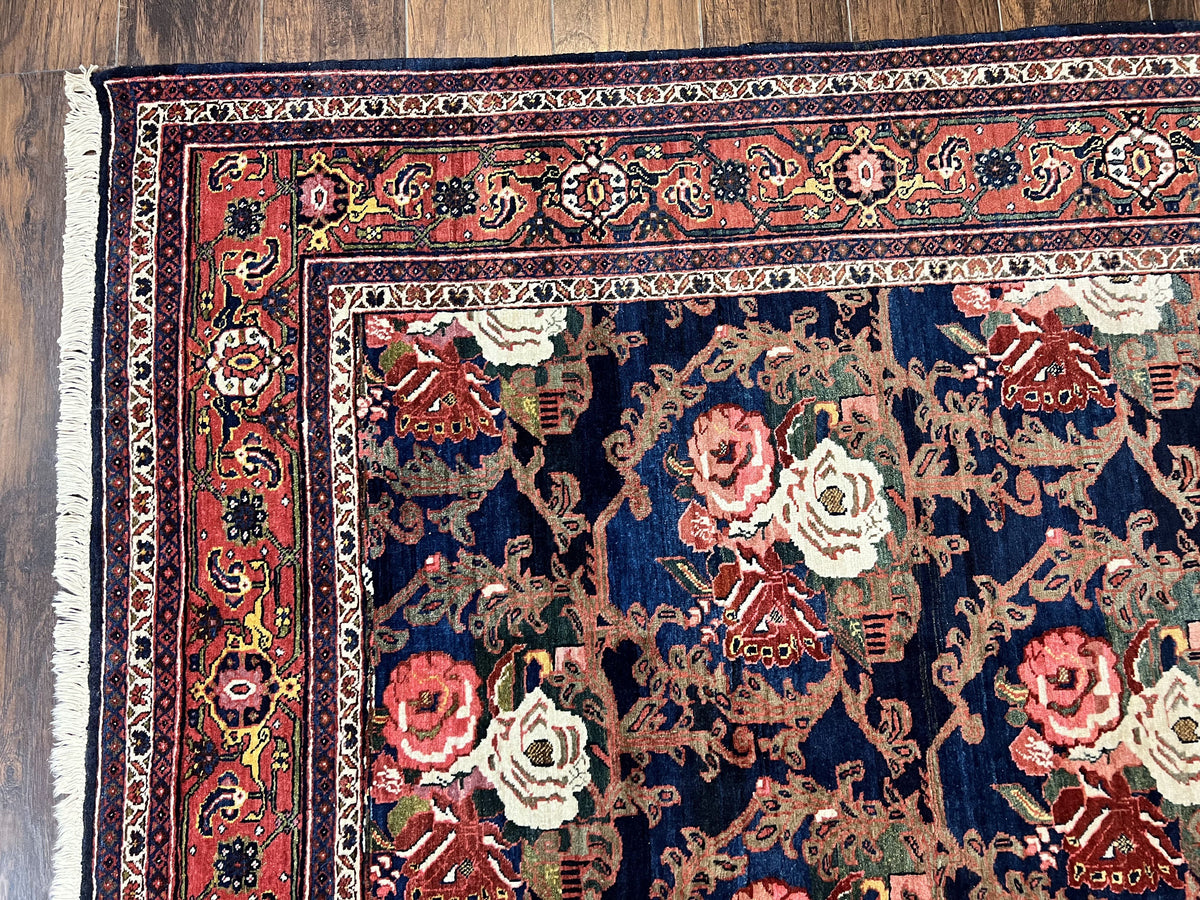 Persian Bidjar Rug 8x11, Floral Bouquets, Blue Black Red Pink, Handmade Hand Knotted Vintage Semi Antique Oriental Carpet - Jewel Rugs, view 6