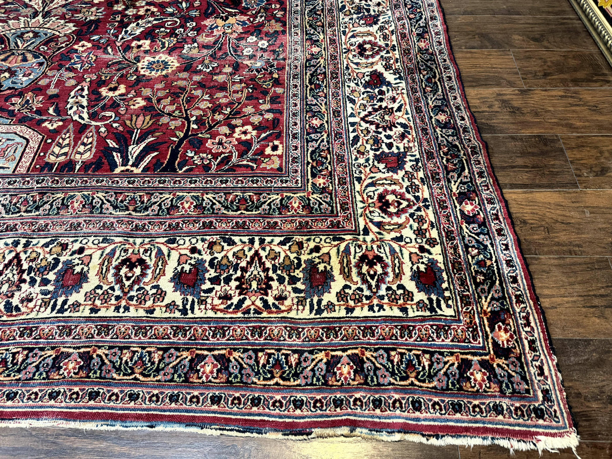Antique Persian Mashad Rug 10x12, Red and Ivory, Signed by Master Weaver - Jewel Rugs, view 12