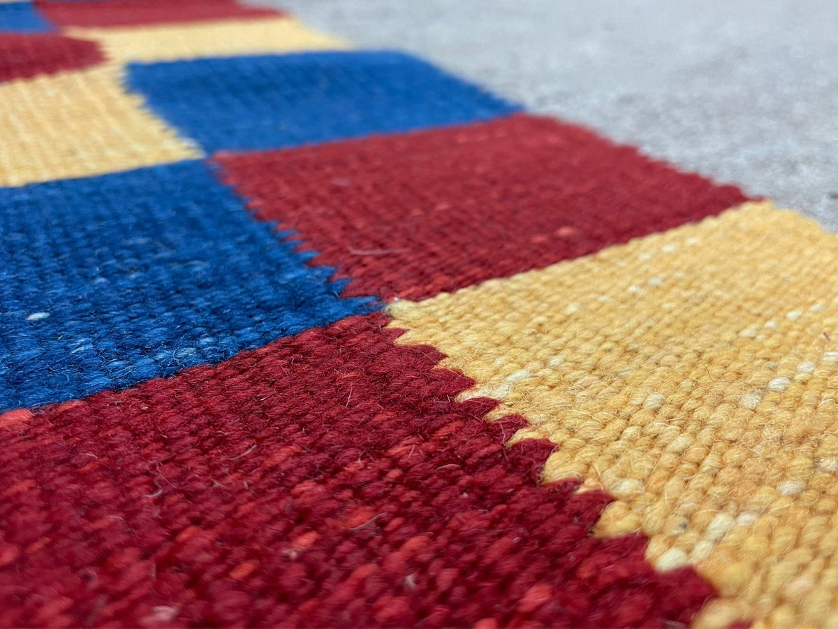 Gray Kilim Carpet, Yellow, Red, Blue Checkerboard Pattern, Flatweave, New, Geometric, Hand-Knotted, Wool, Turkish Area Rug, 5' 9" x 7' 9" - Jewel Rugs, view 12