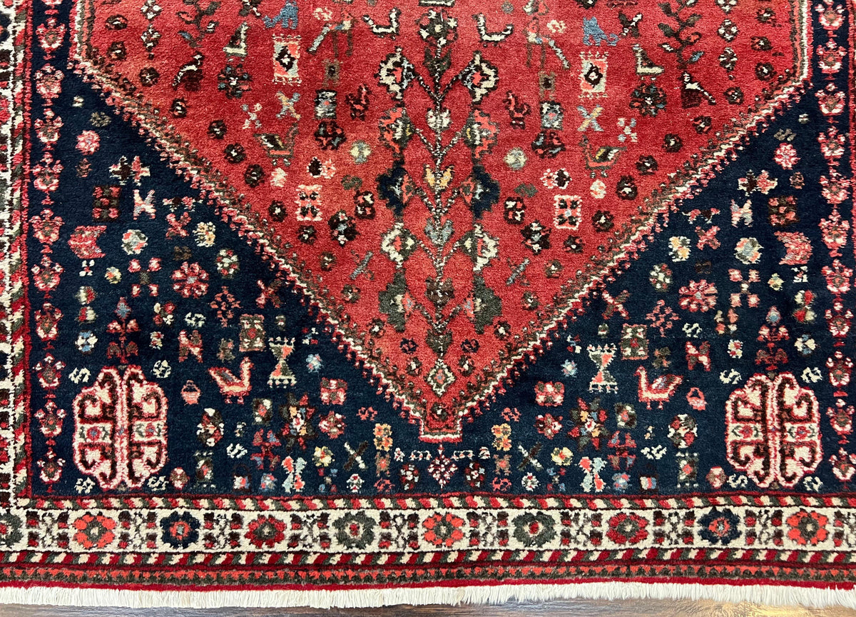 Persian Tribal Rug 3.6 x 5 ft, Persian Abadeh Rug, Geometric Medallion Bird Motifs, Red and Navy Blue Hand Knotted Handmade Wool Vintage Oriental Carpet - Jewel Rugs, view 9