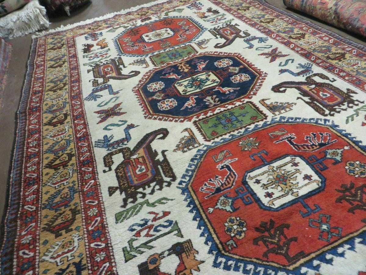 7' X 10' Vintage Handmade Knotted Turkish Wool Rug Birds Animal Ivory Organic - Jewel Rugs, view 13